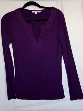 Boden Purple Ruffled V-Neck Long Sleeve Tee